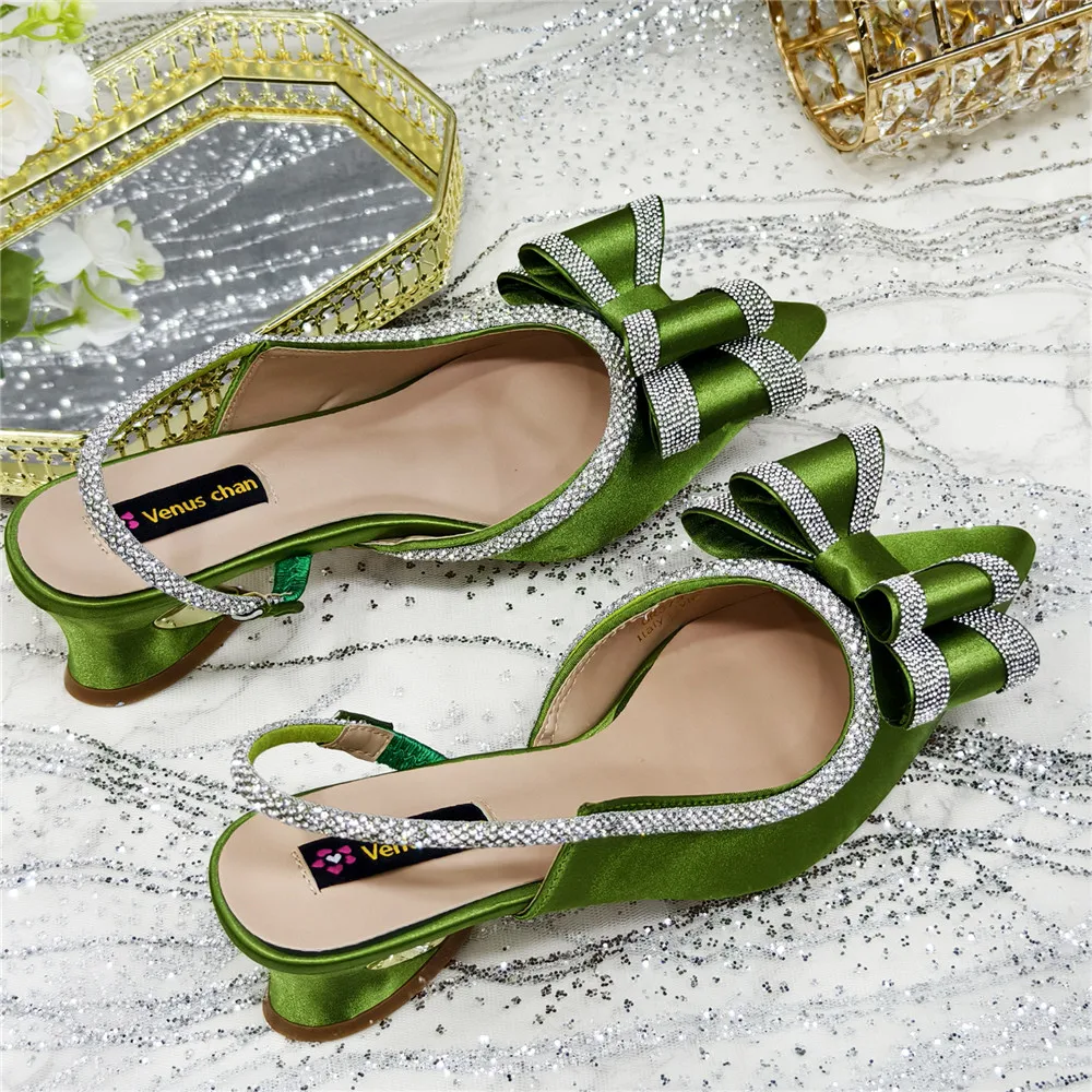 Elegant Black Satin Rhinestone Bow Slingback Heels & Clutch Bag Set, Women Bridal Matching Kit For Wedding Party Evening Prom Fo