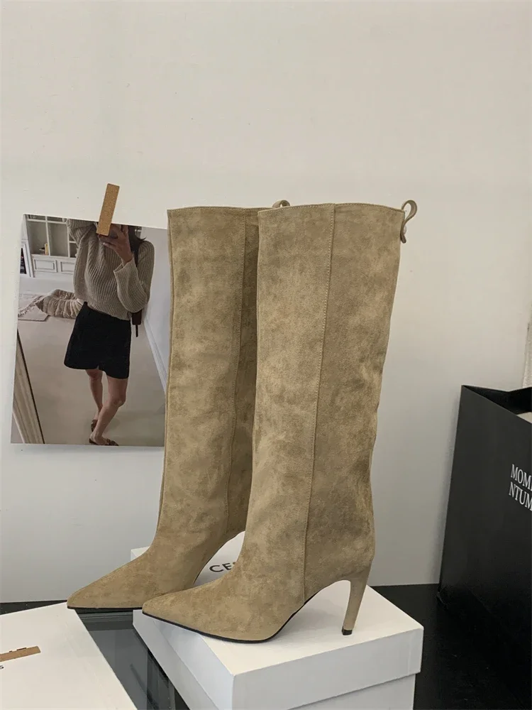 Eilyken 2026 New Winter Punk Pointed Toe Knee High Women Boots Thin Heels Shoes Female Vintage Long Booties Zapatos De Muje