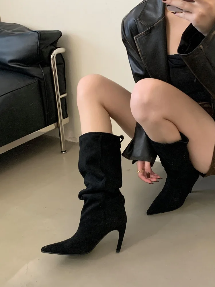 Eilyken 2026 New Winter Punk Pointed Toe Knee High Women Boots Thin Heels Shoes Female Vintage Long Booties Zapatos De Muje