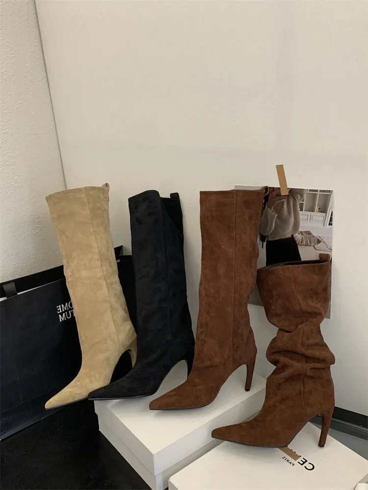 Eilyken 2026 New Winter Punk Pointed Toe Knee High Women Boots Thin Heels Shoes Female Vintage Long Booties Zapatos De Muje