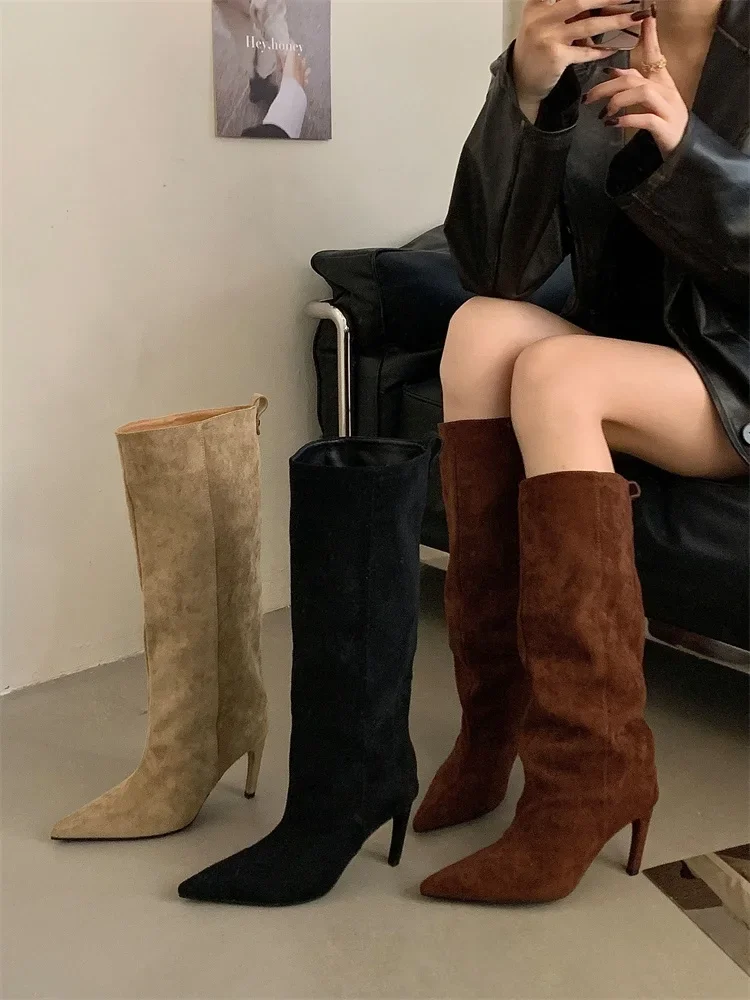Eilyken 2026 New Winter Punk Pointed Toe Knee High Women Boots Thin Heels Shoes Female Vintage Long Booties Zapatos De Muje