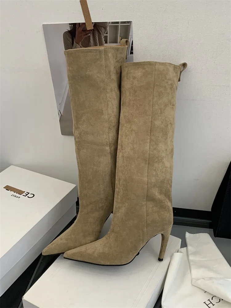 Eilyken 2026 New Winter Punk Pointed Toe Knee High Women Boots Thin Heels Shoes Female Vintage Long Booties Zapatos De Muje