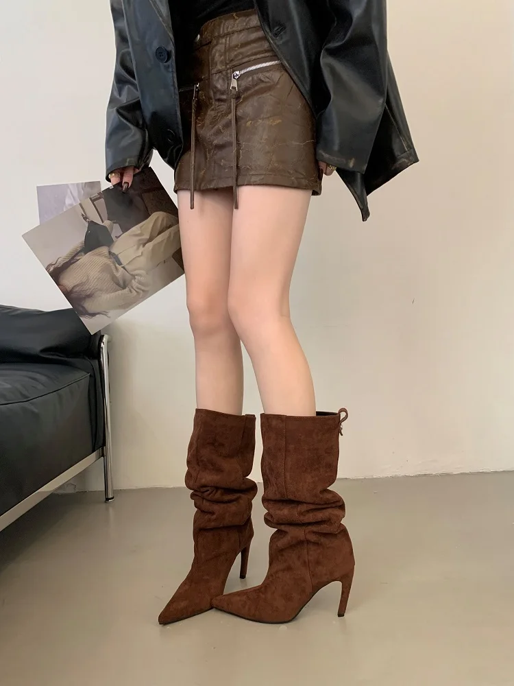 Eilyken 2026 New Winter Punk Pointed Toe Knee High Women Boots Thin Heels Shoes Female Vintage Long Booties Zapatos De Muje