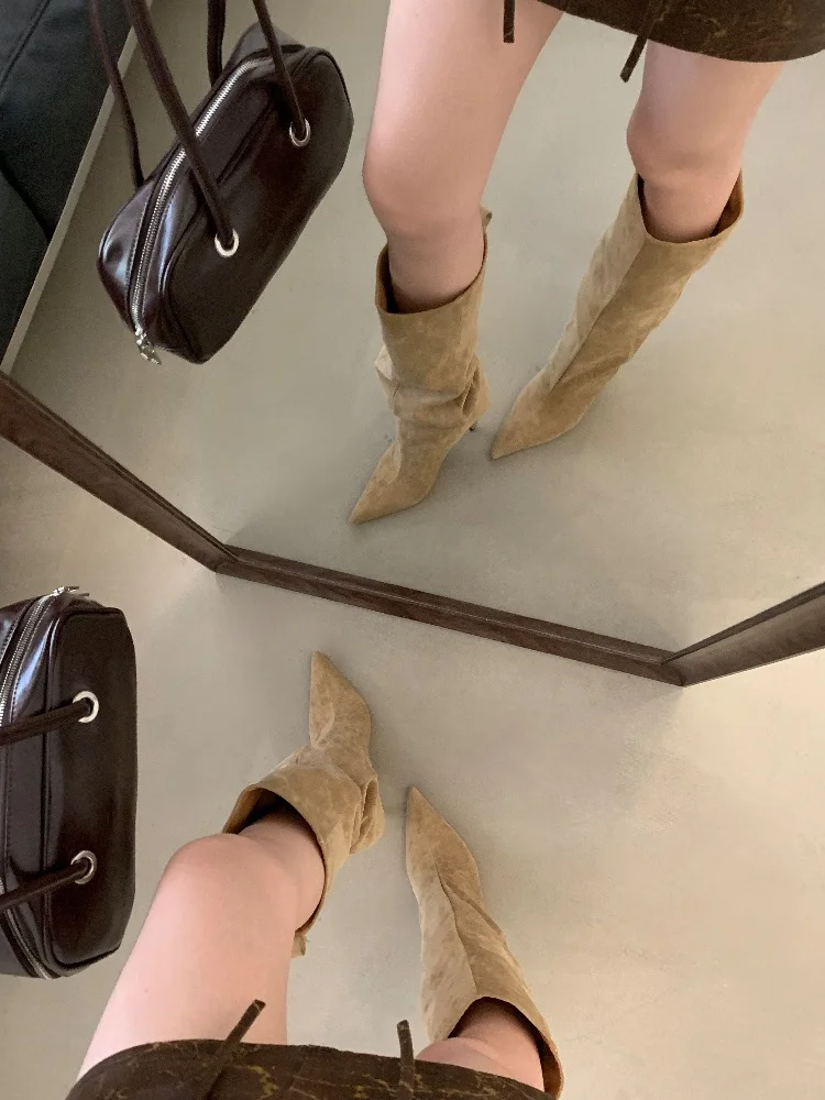 Eilyken 2026 New Winter Punk Pointed Toe Knee High Women Boots Thin Heels Shoes Female Vintage Long Booties Zapatos De Muje