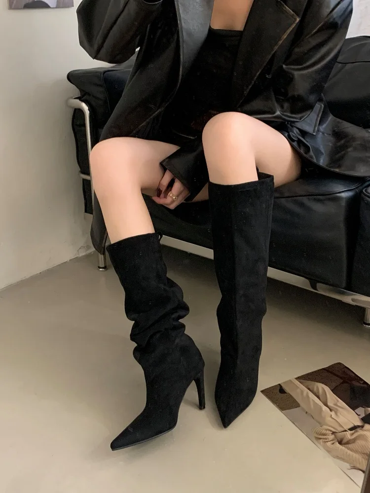 Eilyken 2026 New Winter Punk Pointed Toe Knee High Women Boots Thin Heels Shoes Female Vintage Long Booties Zapatos De Muje