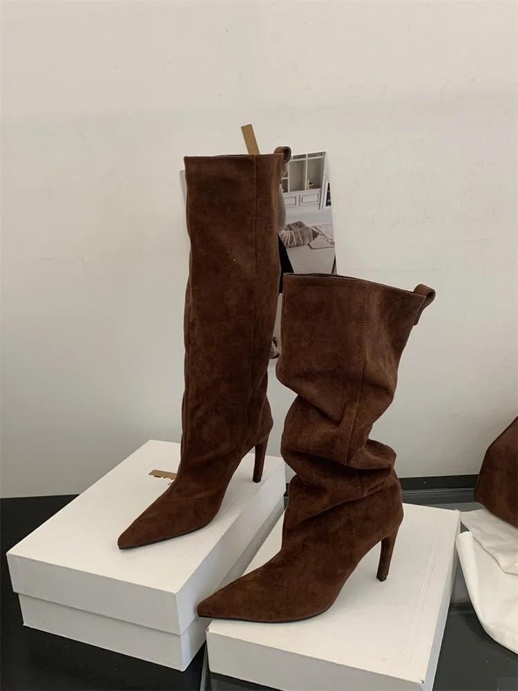 Eilyken 2026 New Winter Punk Pointed Toe Knee High Women Boots Thin Heels Shoes Female Vintage Long Booties Zapatos De Muje