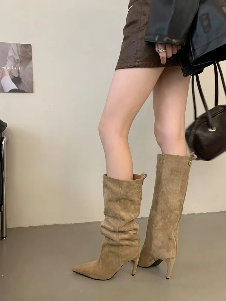 Eilyken 2026 New Winter Punk Pointed Toe Knee High Women Boots Thin Heels Shoes Female Vintage Long Booties Zapatos De Muje