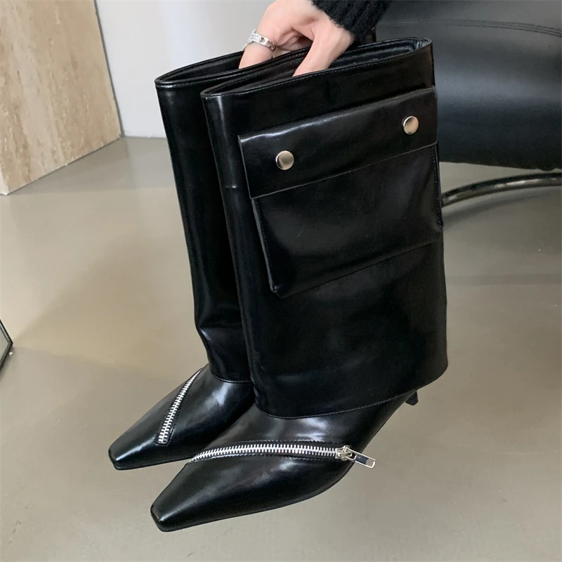2027 New Fashion Design Pointed Toe Ankle Boots Women Splicing Button Pocket Banquet Thin Low Heels Zipper Ladies Shoes