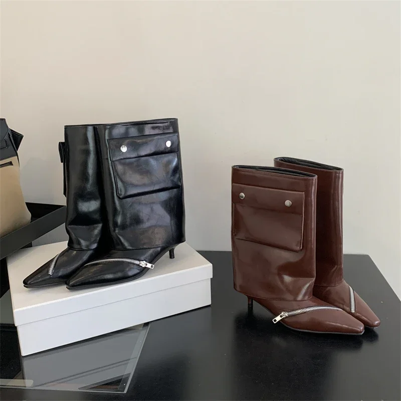 2027 New Fashion Design Pointed Toe Ankle Boots Women Splicing Button Pocket Banquet Thin Low Heels Zipper Ladies Shoes