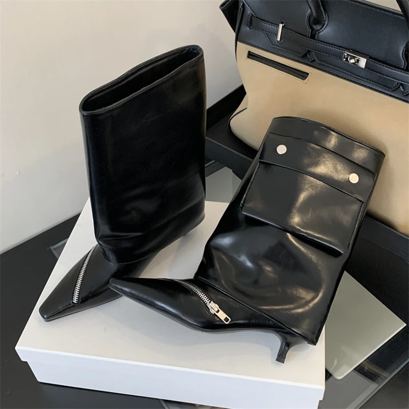 2027 New Fashion Design Pointed Toe Ankle Boots Women Splicing Button Pocket Banquet Thin Low Heels Zipper Ladies Shoes