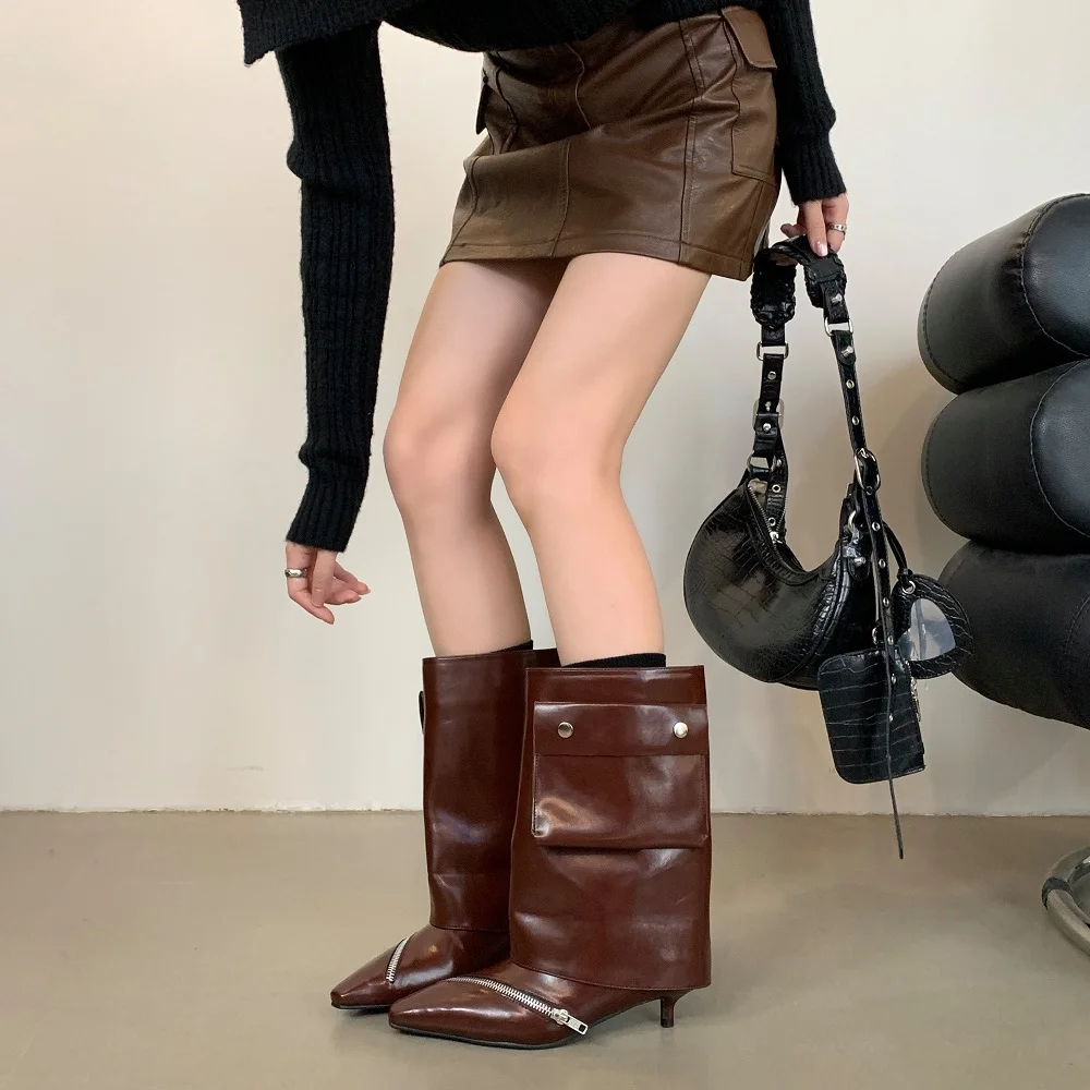 2027 New Fashion Design Pointed Toe Ankle Boots Women Splicing Button Pocket Banquet Thin Low Heels Zipper Ladies Shoes