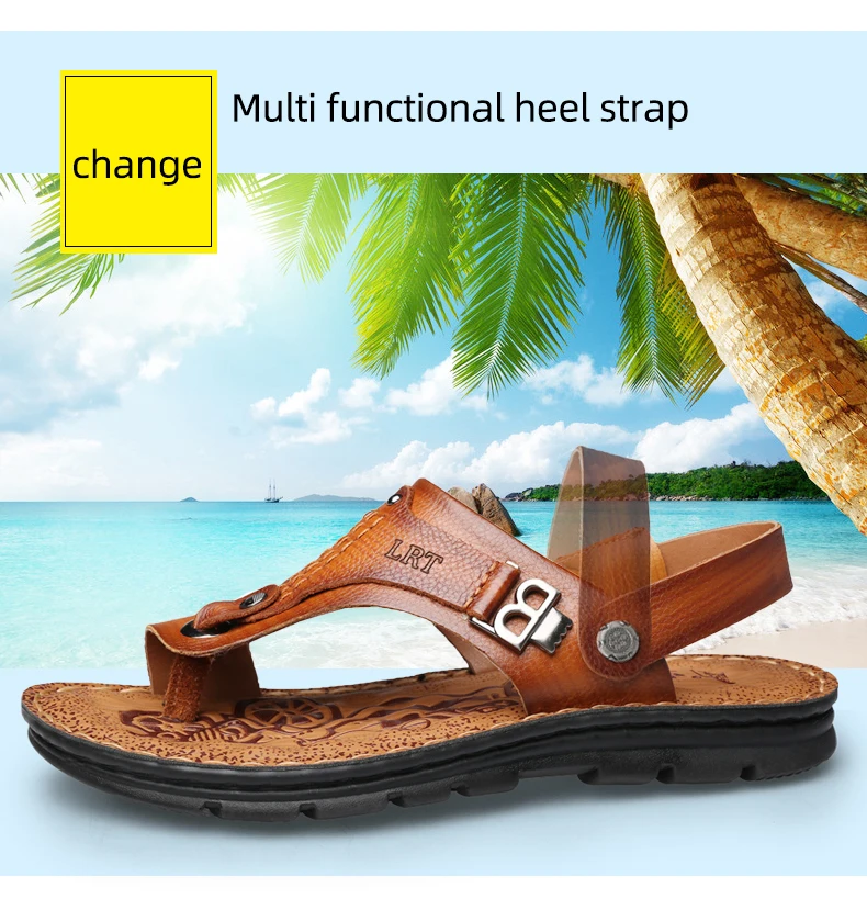 LAORENTOU genuine leather sandals for men's outdoor leisure, flip flops with soft soles and anti slip external wearing sandals
