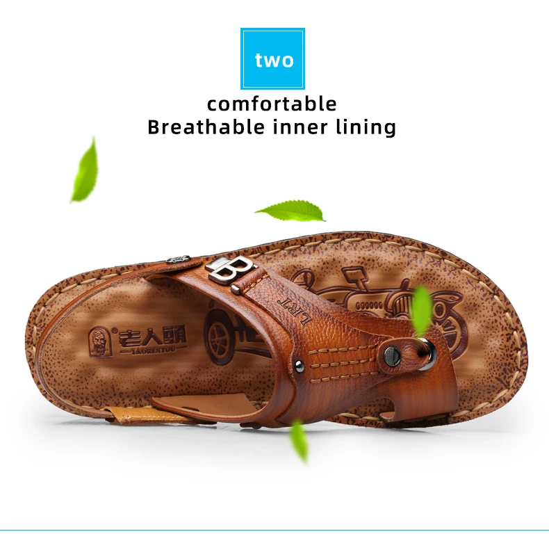 LAORENTOU genuine leather sandals for men's outdoor leisure, flip flops with soft soles and anti slip external wearing sandals