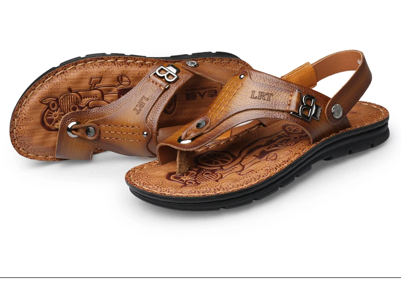 LAORENTOU genuine leather sandals for men's outdoor leisure, flip flops with soft soles and anti slip external wearing sandals