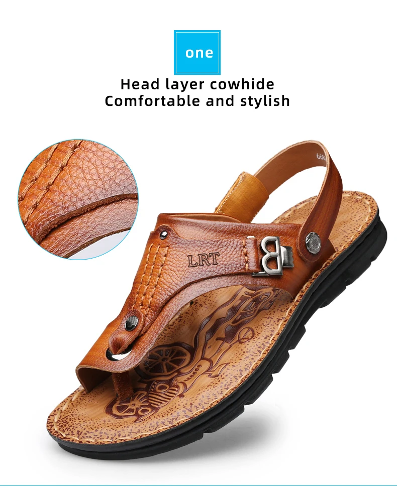 LAORENTOU genuine leather sandals for men's outdoor leisure, flip flops with soft soles and anti slip external wearing sandals