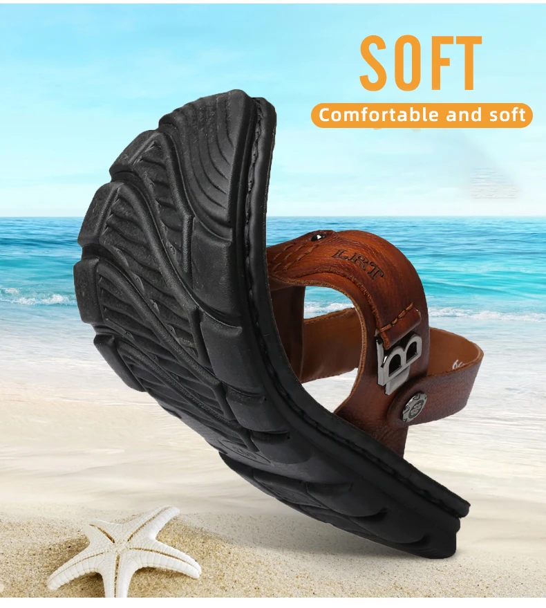 LAORENTOU genuine leather sandals for men's outdoor leisure, flip flops with soft soles and anti slip external wearing sandals