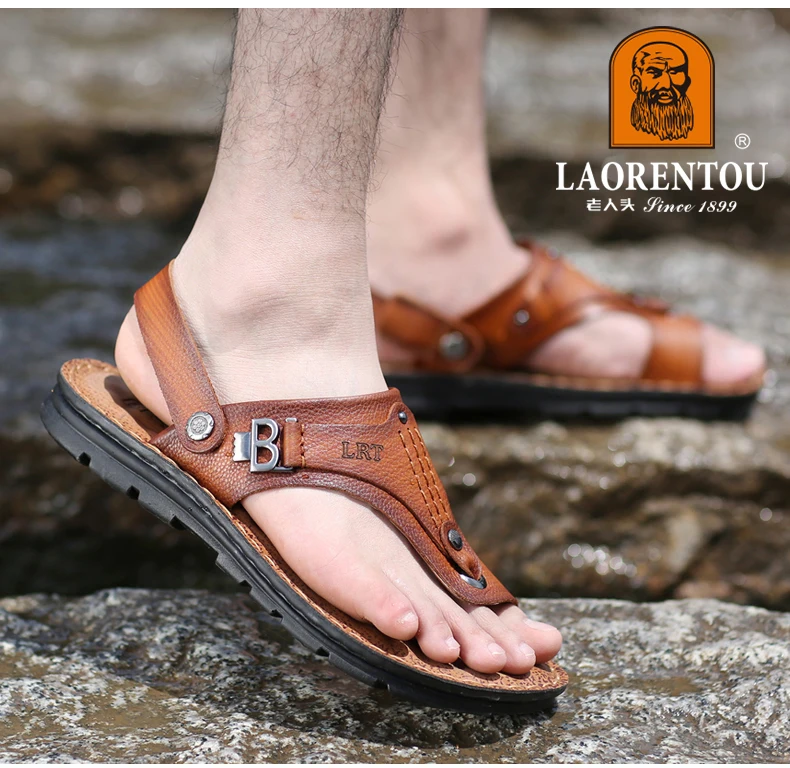 LAORENTOU genuine leather sandals for men's outdoor leisure, flip flops with soft soles and anti slip external wearing sandals