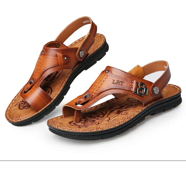 LAORENTOU genuine leather sandals for men's outdoor leisure, flip flops with soft soles and anti slip external wearing sandals