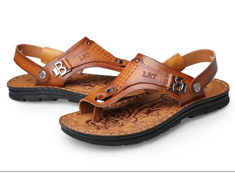 LAORENTOU genuine leather sandals for men's outdoor leisure, flip flops with soft soles and anti slip external wearing sandals