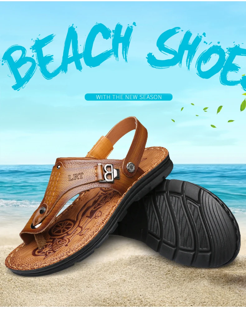 LAORENTOU genuine leather sandals for men's outdoor leisure, flip flops with soft soles and anti slip external wearing sandals