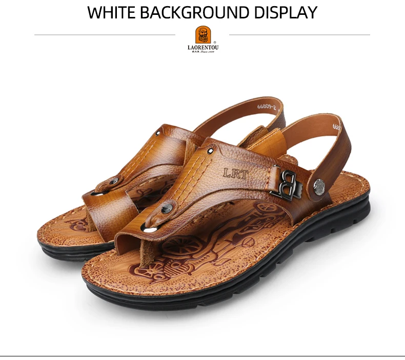 LAORENTOU genuine leather sandals for men's outdoor leisure, flip flops with soft soles and anti slip external wearing sandals