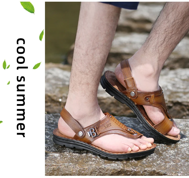 LAORENTOU genuine leather sandals for men's outdoor leisure, flip flops with soft soles and anti slip external wearing sandals