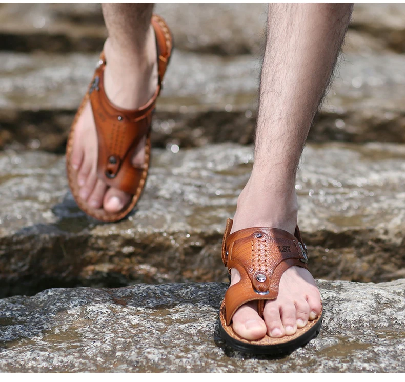 LAORENTOU genuine leather sandals for men's outdoor leisure, flip flops with soft soles and anti slip external wearing sandals