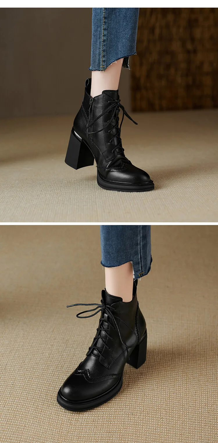 NEW Spring Shoes Women Round Toe Chunky Heel Boots Split Leather Shoes for Women High Heel Platform Boots Elegent Ladies Shoes