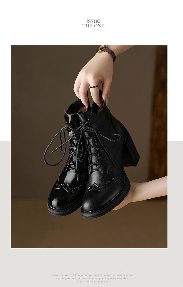 NEW Spring Shoes Women Round Toe Chunky Heel Boots Split Leather Shoes for Women High Heel Platform Boots Elegent Ladies Shoes