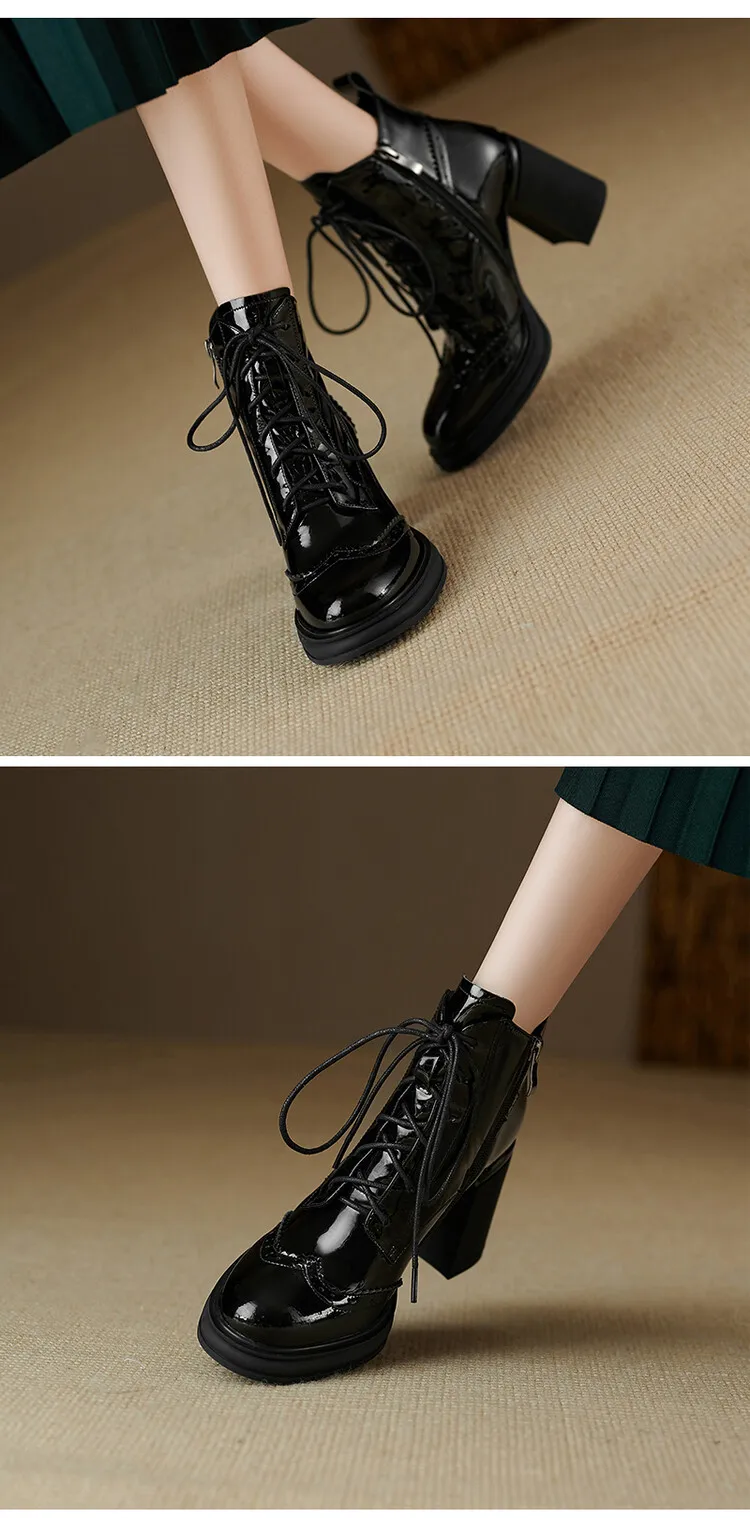 NEW Spring Shoes Women Round Toe Chunky Heel Boots Split Leather Shoes for Women High Heel Platform Boots Elegent Ladies Shoes