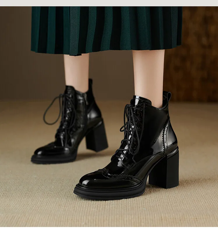 NEW Spring Shoes Women Round Toe Chunky Heel Boots Split Leather Shoes for Women High Heel Platform Boots Elegent Ladies Shoes