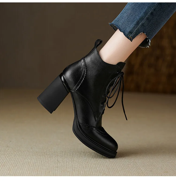 NEW Spring Shoes Women Round Toe Chunky Heel Boots Split Leather Shoes for Women High Heel Platform Boots Elegent Ladies Shoes