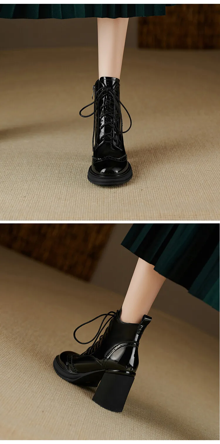 NEW Spring Shoes Women Round Toe Chunky Heel Boots Split Leather Shoes for Women High Heel Platform Boots Elegent Ladies Shoes