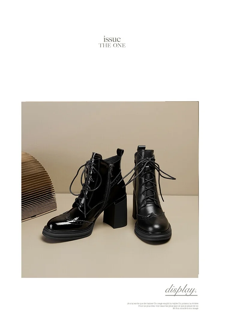 NEW Spring Shoes Women Round Toe Chunky Heel Boots Split Leather Shoes for Women High Heel Platform Boots Elegent Ladies Shoes