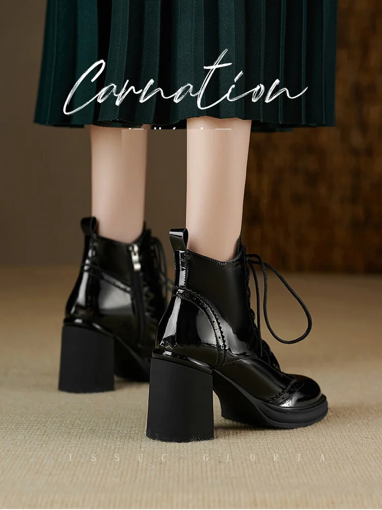 NEW Spring Shoes Women Round Toe Chunky Heel Boots Split Leather Shoes for Women High Heel Platform Boots Elegent Ladies Shoes