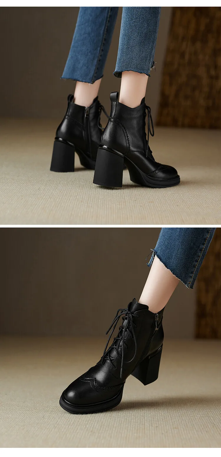 NEW Spring Shoes Women Round Toe Chunky Heel Boots Split Leather Shoes for Women High Heel Platform Boots Elegent Ladies Shoes