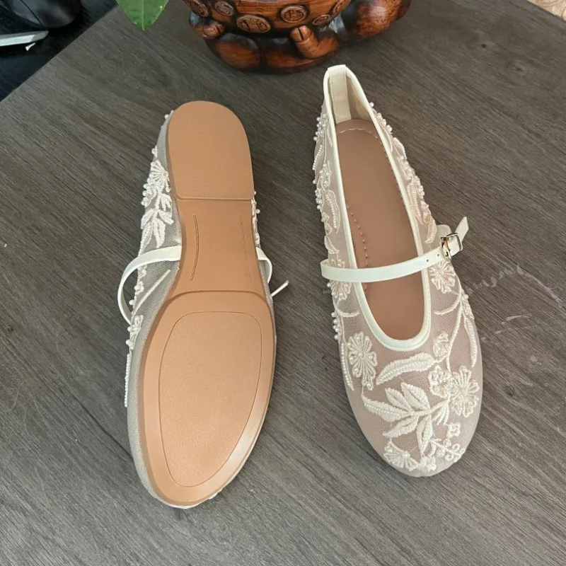 Women's Ballet Flats Ballerina Shoes 2025 Summer New White Mary Jane Comfortable Embroidered Mesh Buckle Strap Elegant
