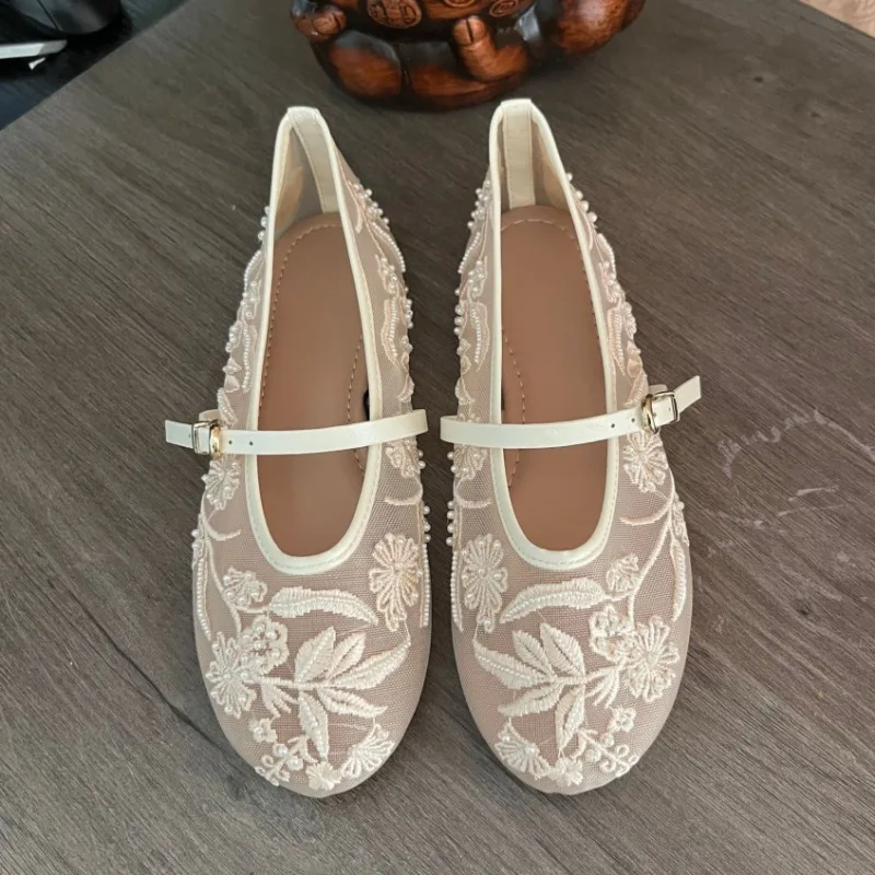 Women's Ballet Flats Ballerina Shoes 2025 Summer New White Mary Jane Comfortable Embroidered Mesh Buckle Strap Elegant