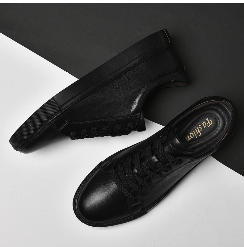 Pure Black Skateboarding Shoes Men Genuine Leather Sneakers Casual Flat Shoes Plus Big Size 48 49 50 Spring Autumn High Quality
