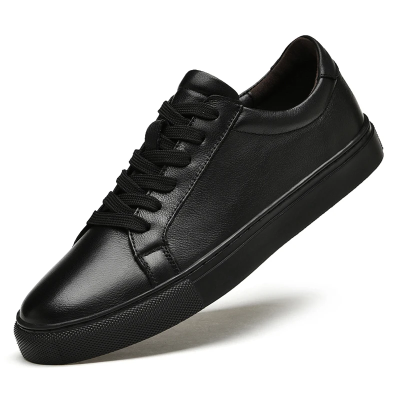 Pure Black Skateboarding Shoes Men Genuine Leather Sneakers Casual Flat Shoes Plus Big Size 48 49 50 Spring Autumn High Quality