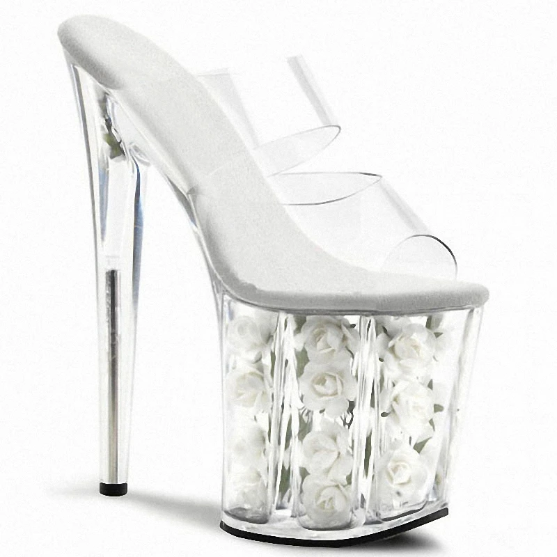 8 Inches High Heels Transparent Crystal Rose Flower 20cm Stiletto Slippers Exotic Platform Bride Dancing Shoes Japanese Girl New