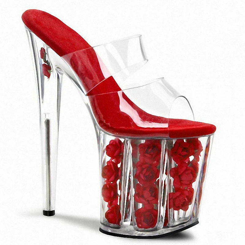 8 Inches High Heels Transparent Crystal Rose Flower 20cm Stiletto Slippers Exotic Platform Bride Dancing Shoes Japanese Girl New