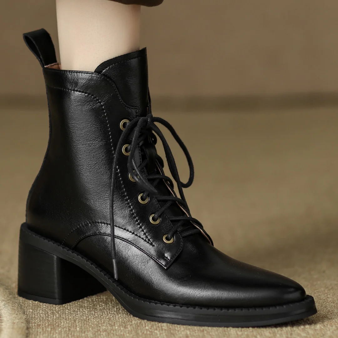Women's genuine leather lace-up side zip autumn ankle boots casual female punk short motorcycle boots shoes for woman 2025 new