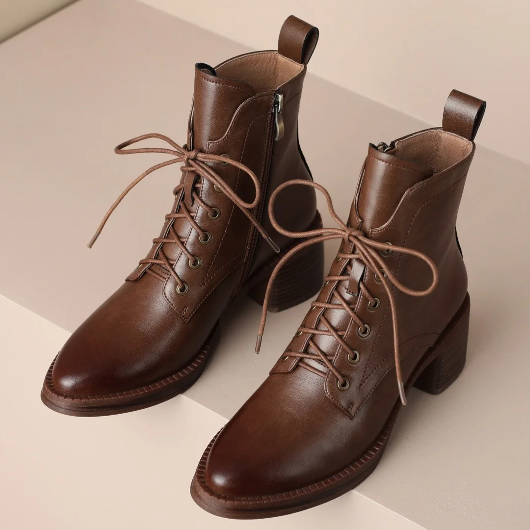 Women's genuine leather lace-up side zip autumn ankle boots casual female punk short motorcycle boots shoes for woman 2025 new