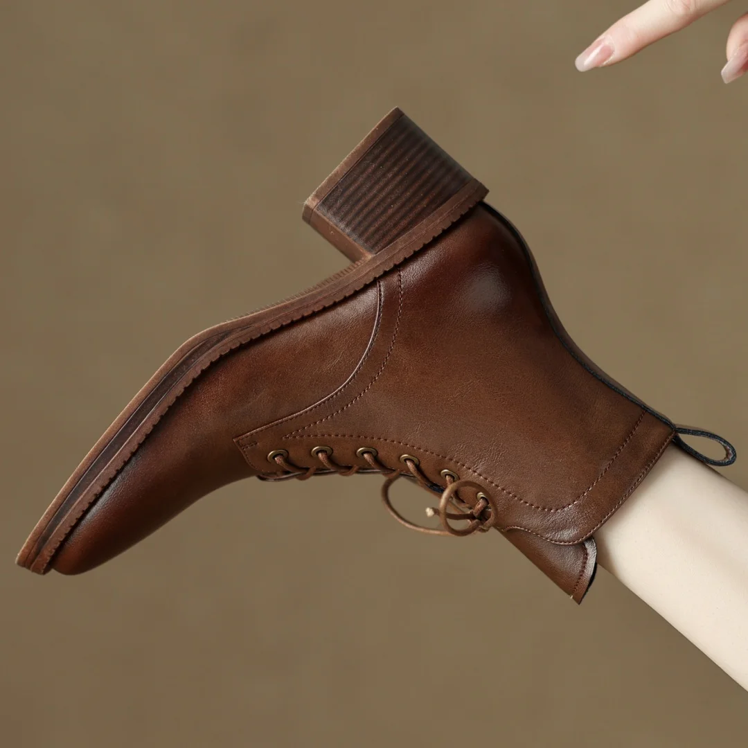 Women's genuine leather lace-up side zip autumn ankle boots casual female punk short motorcycle boots shoes for woman 2025 new