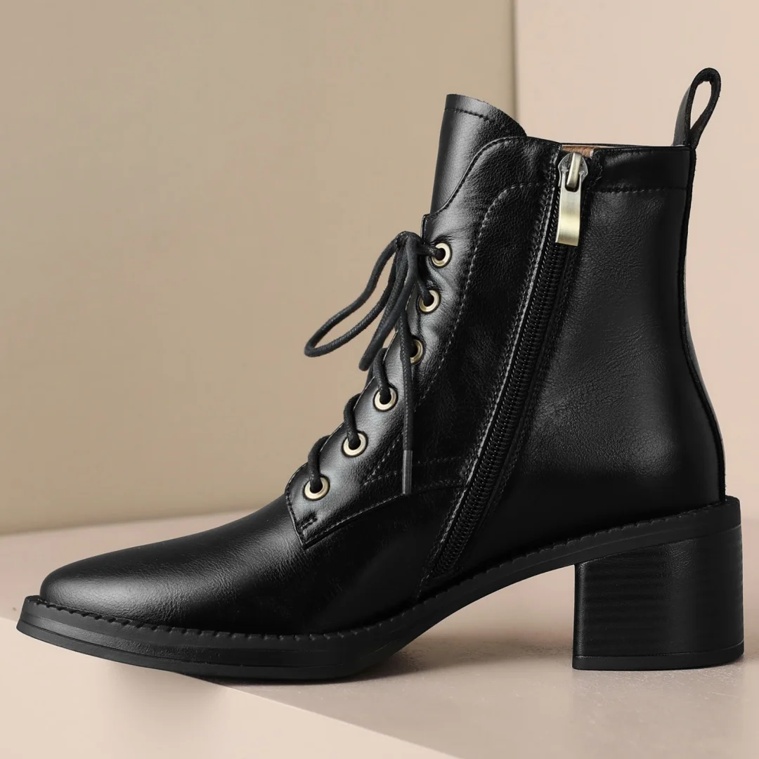 Women's genuine leather lace-up side zip autumn ankle boots casual female punk short motorcycle boots shoes for woman 2025 new