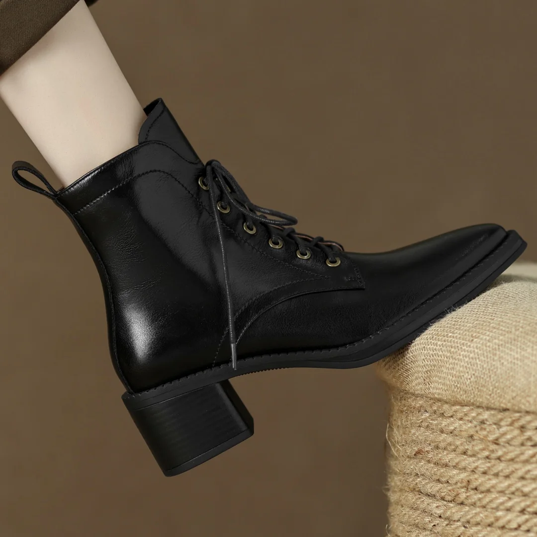 Women's genuine leather lace-up side zip autumn ankle boots casual female punk short motorcycle boots shoes for woman 2025 new