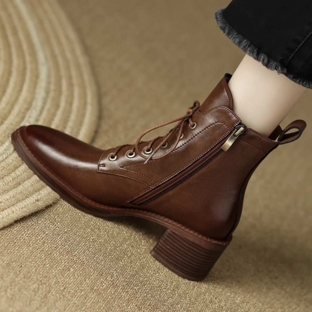 Women's genuine leather lace-up side zip autumn ankle boots casual female punk short motorcycle boots shoes for woman 2025 new