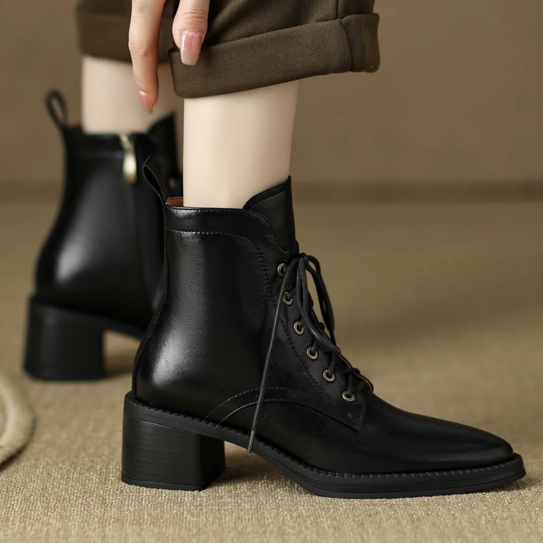 Women's genuine leather lace-up side zip autumn ankle boots casual female punk short motorcycle boots shoes for woman 2025 new
