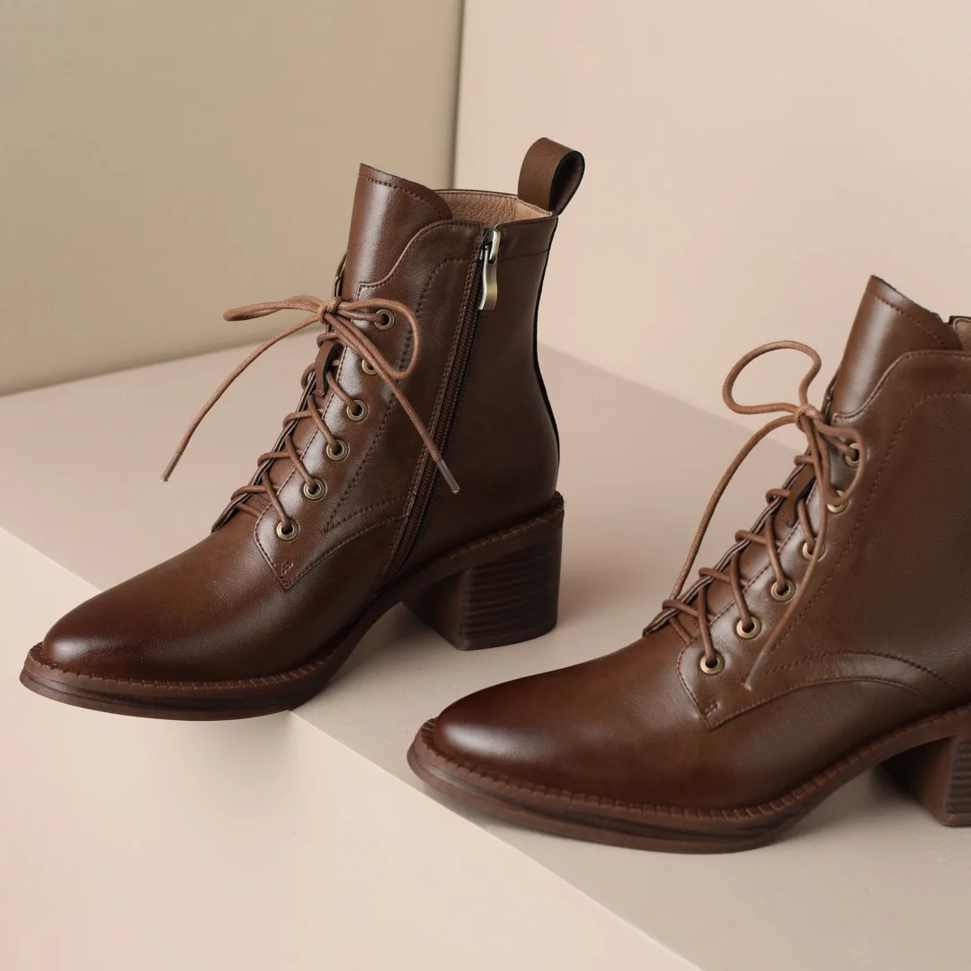 Women's genuine leather lace-up side zip autumn ankle boots casual female punk short motorcycle boots shoes for woman 2025 new